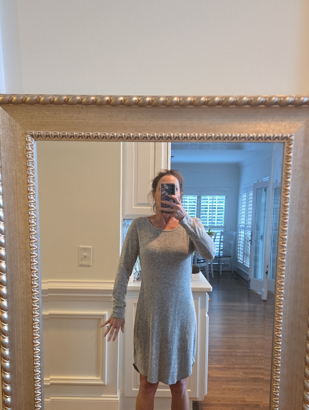 Grey Long-Sleeve Knit Swing Dress